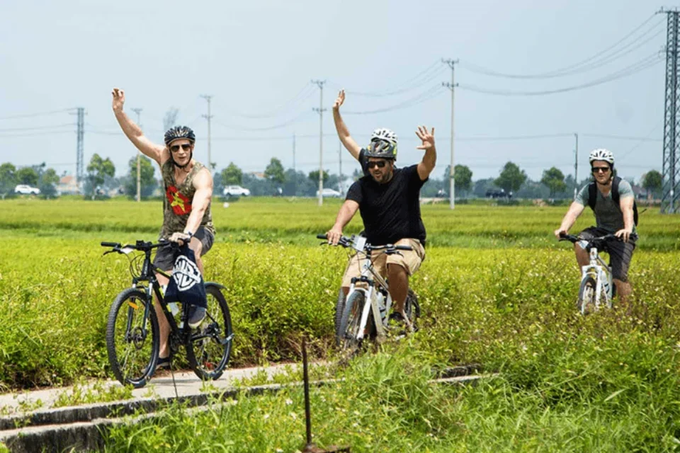 Cycling through rice paddies during a combined farming and Hoi An lantern tour