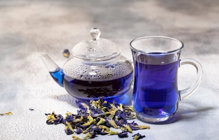A refreshing glass of purple Butterfly Pea Flower tea served as a welcome drink at Madam Van’s garden on a Hoi An private tour.