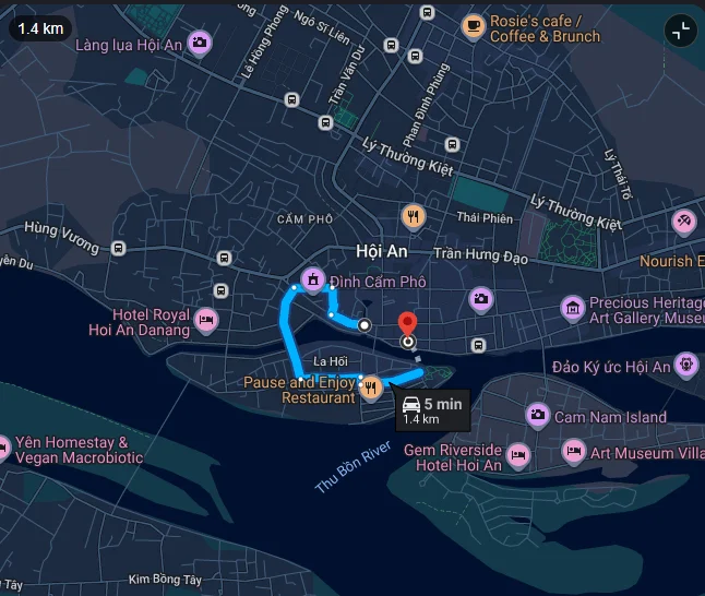 Map showing the walking route to Tan Ky Ancient House in Hoi An