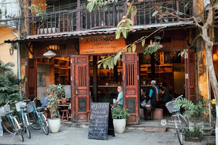 rustic storefront of Cocobox offering organic drinks and coffee in hoi an