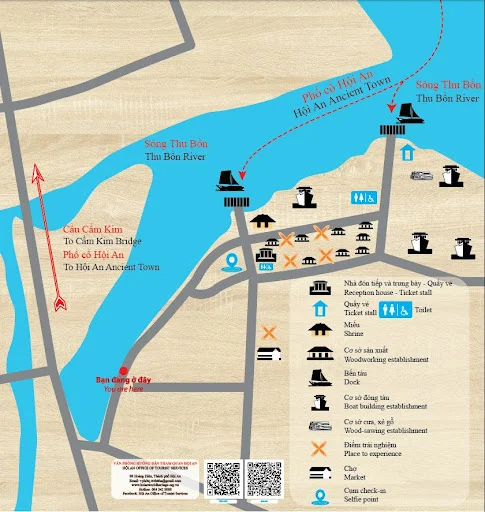 detailed map illustrating river and bridge routes to how to get to Kim Bong Village from Hoi An.