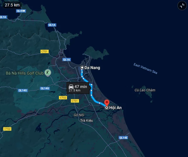 a map showing the driving route from da nang to hoi an, crucial for planning your trip to the hoi an lantern festival.