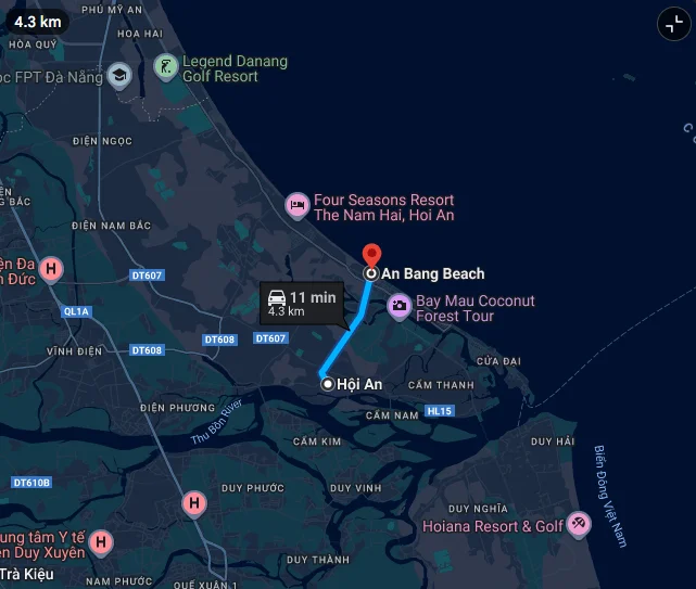 a map displaying the convenient 4.3 km, 11-minute route from Hoi An to An Bang Beach.