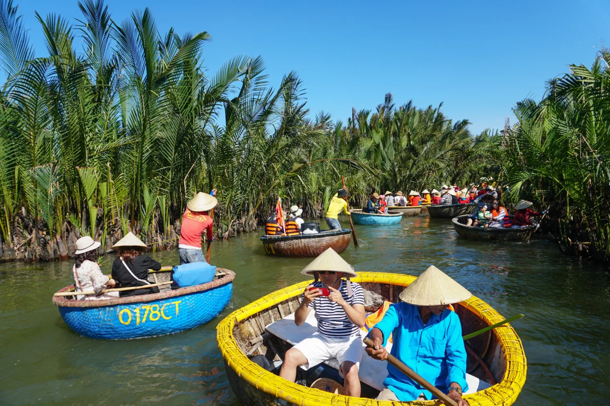 Tourists on a basket boat tour in Cam Thanh coconut village