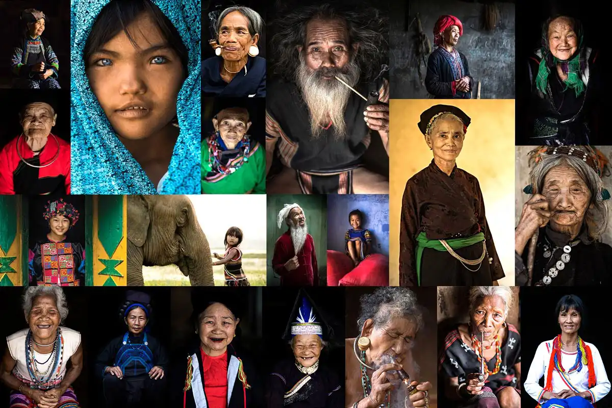 A collage of soulful portraits capturing the diverse faces of Vietnam's ethnic tribes, a highlight of the Precious Heritage Art Gallery Museum.