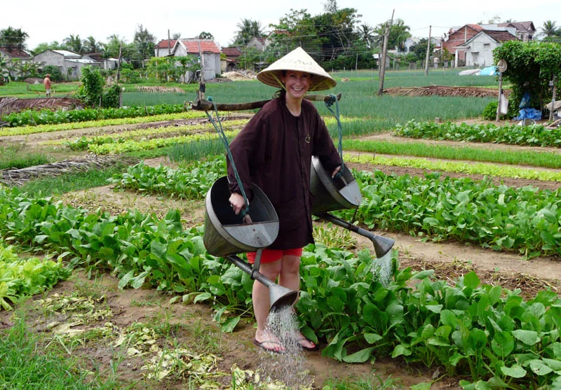Tourists learning about farming in Tra Que Vegetable Village