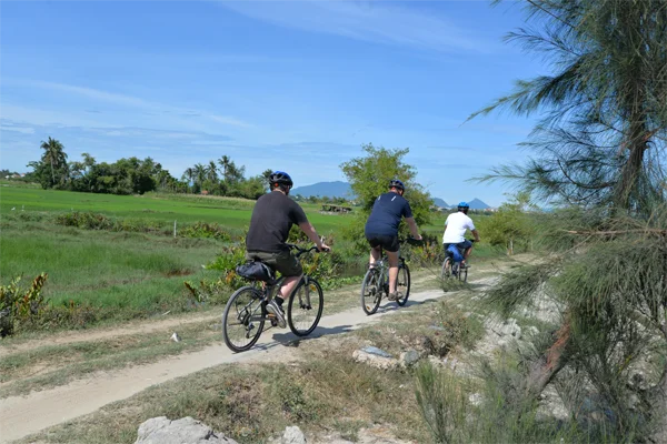Cyclists exploring the rural paths, one of the top things to do in Hoi An.