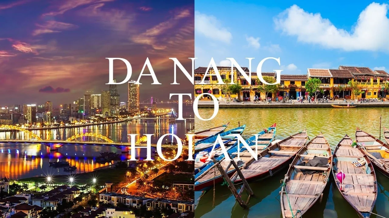 a split image comparing the modern night skyline of Da Nang with the ancient riverfront of Hoi An, highlighting the distinct vibes for a Da Nang vs Hoi An travel choice.