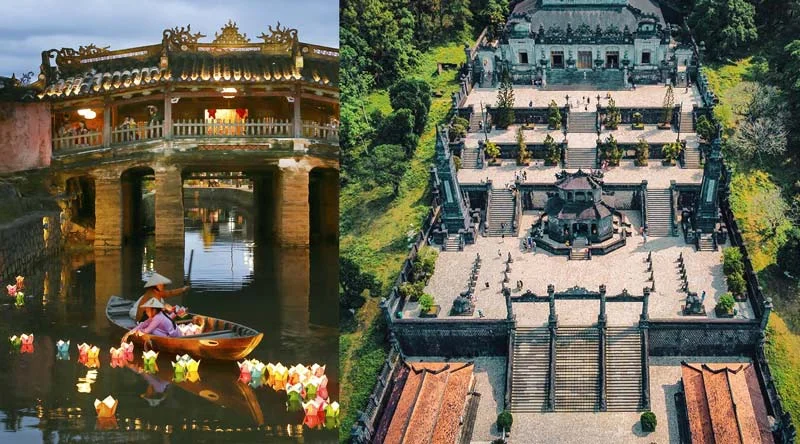 Hoi An vs Hue highlights: The iconic Japanese Covered Bridge and a majestic royal tomb of the Nguyen Dynasty.