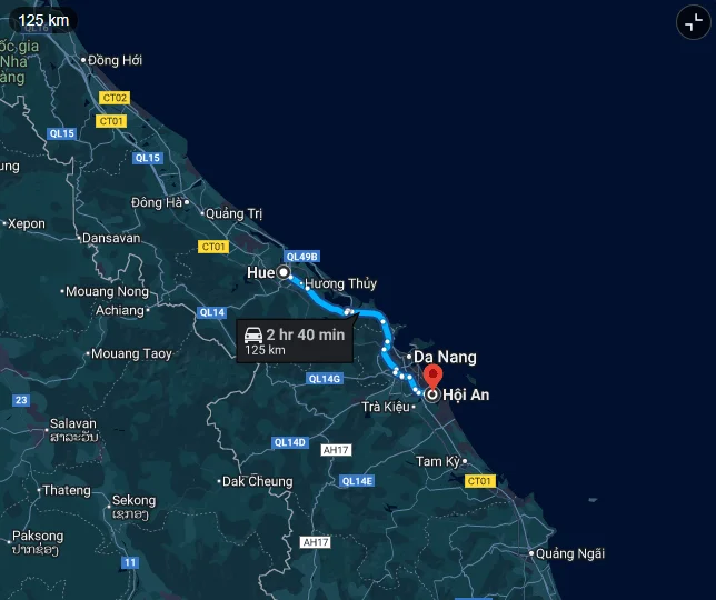 map showing the route, distance, and travel time from Hue to Hoi An, essential for planning your Hue to Hoi An motorbike tour