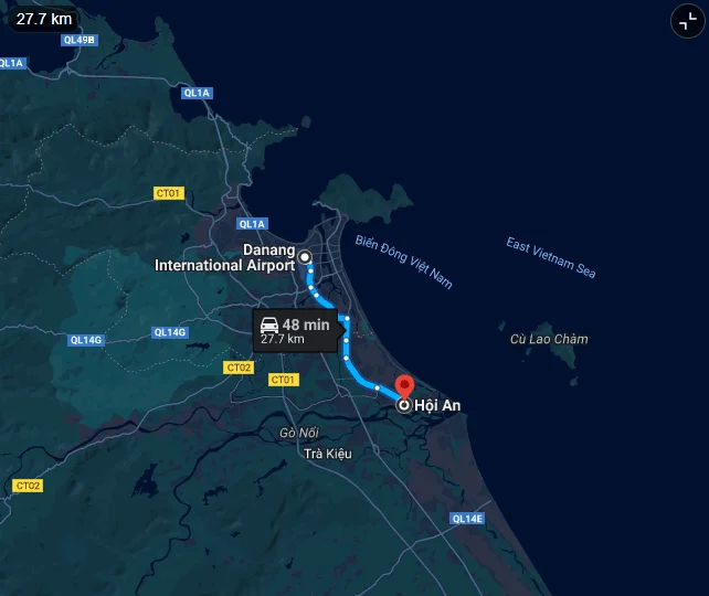 Map showing the route from Danang International Airport to Hoi An, a common travel route for things to do in Hoi An.