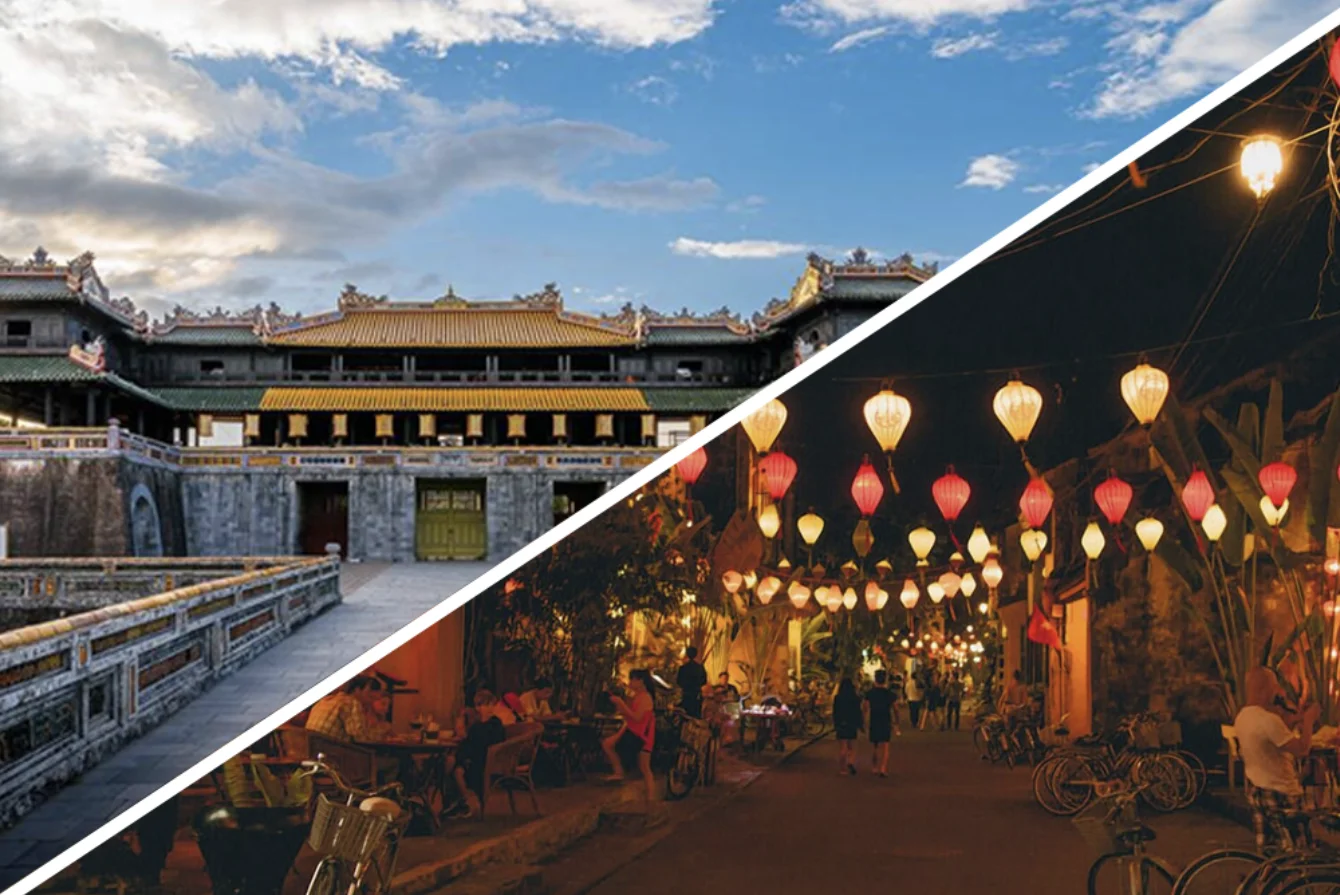 Hue's grand Imperial Citadel compared to Hoi An's enchanting lantern-lit Ancient Town streets.