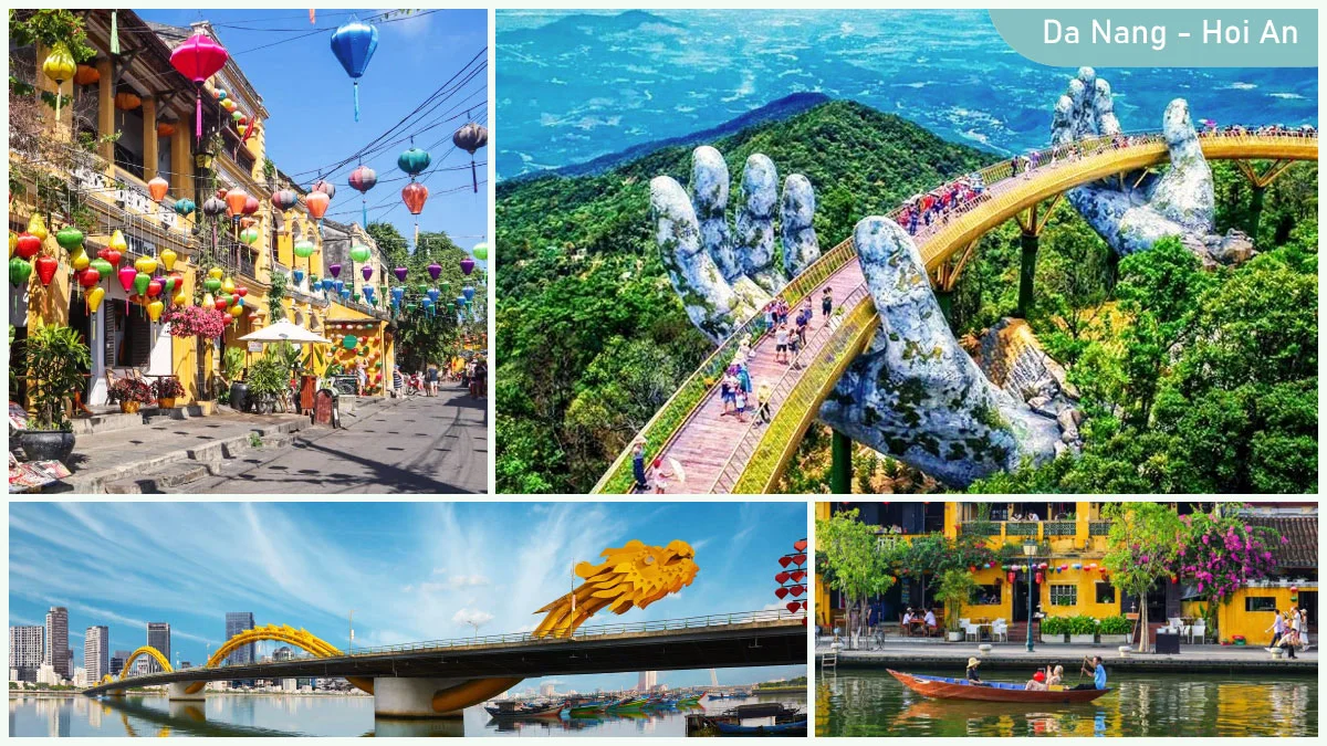 A visual comparison of key attractions, including Hoi An's lanterns and Da Nang's Golden Bridge and Dragon Bridge, illustrating the distinct characters of Da Nang vs Hoi An.