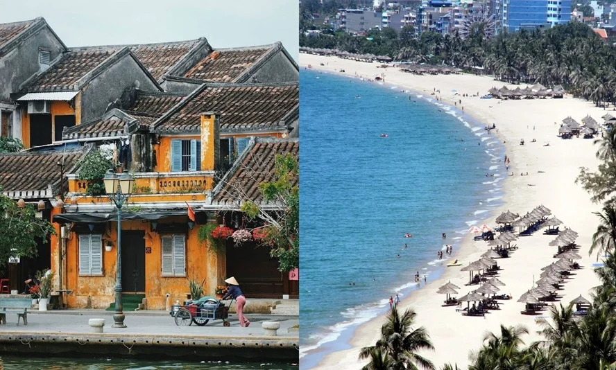 A visual comparison of Hoi An's ancient town charm and Da Nang's expansive My Khe beach, illustrating the Da Nang vs Hoi An debate.