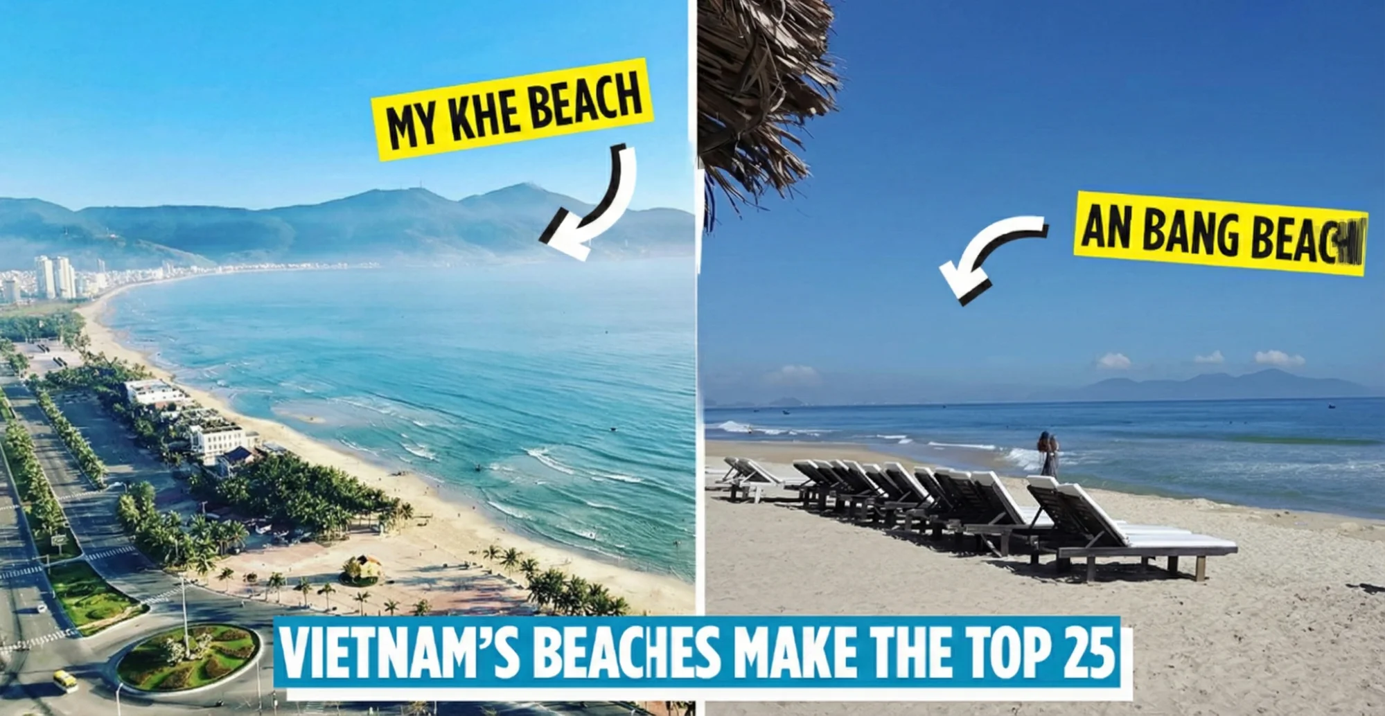 aerial view of My Khe beach in Da Nang contrasted with An Bang beach near Hoi An, illustrating the beach differences in Da Nang vs Hoi An