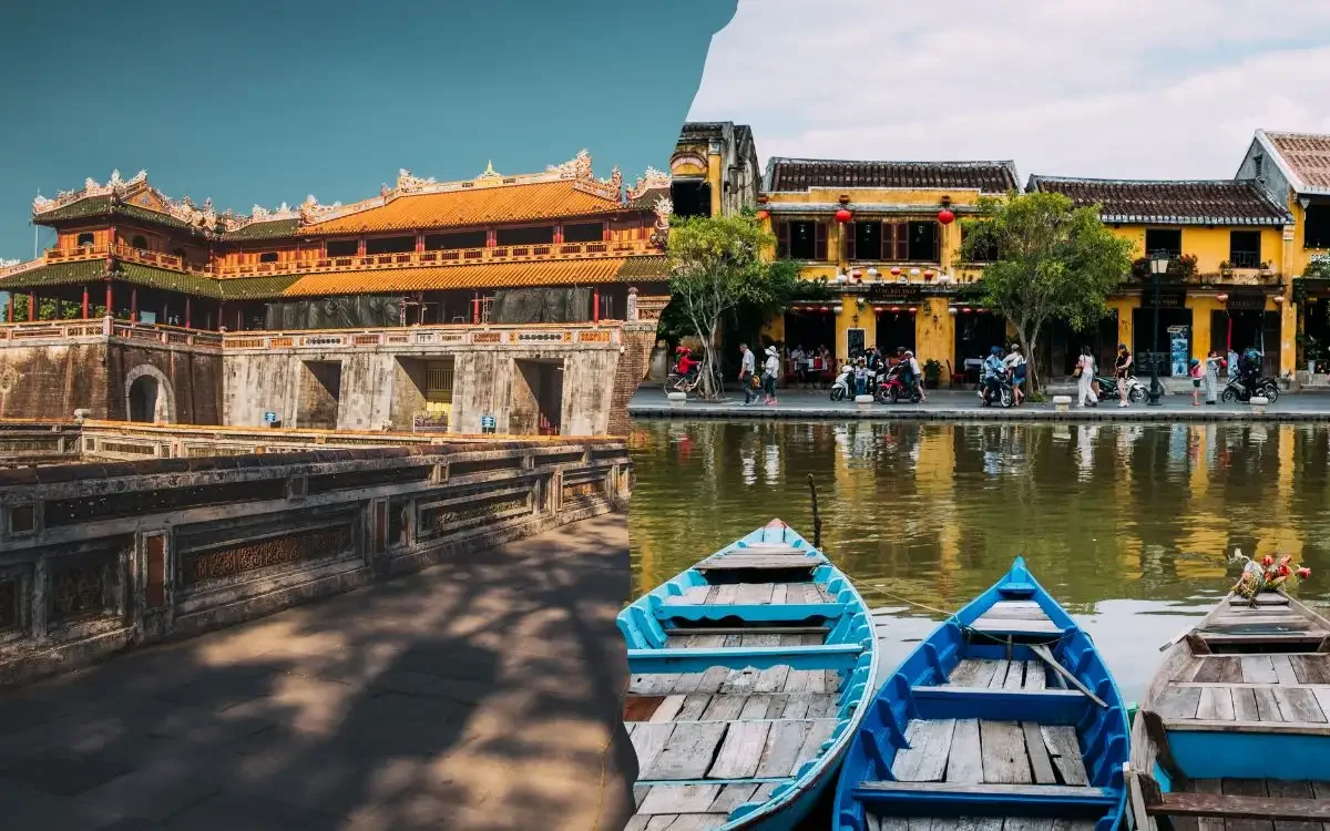 Comparing the imperial architecture of Hue with the bustling riverside charm of Hoi An, illustrating Hoi An vs Hue.
