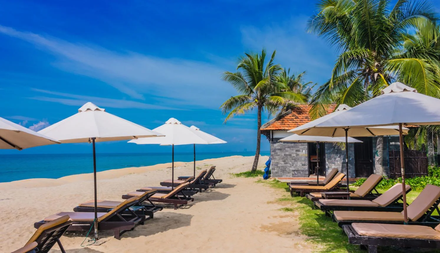 Sunny view of Cua Dai Beach with palm trees and beach chairs on the Hoi An Ancient Town map