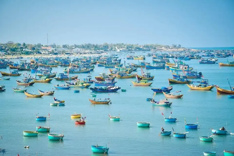 Colorful wooden trawlers and basket boats anchored in a Hoi An fishing village.