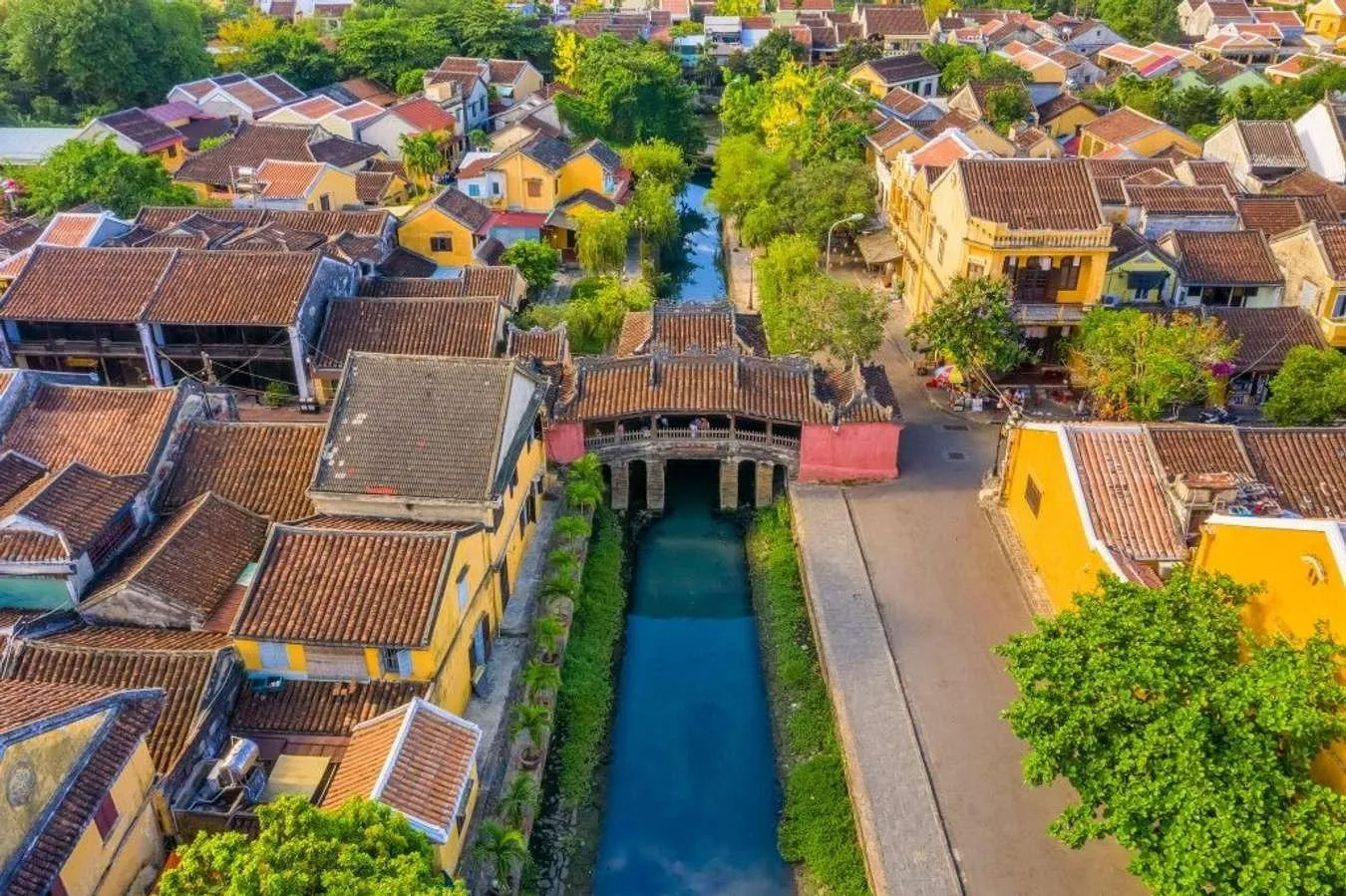 Aerial view of the Japanese Covered Bridge near the Museum of Trade Ceramics in Hoi An.