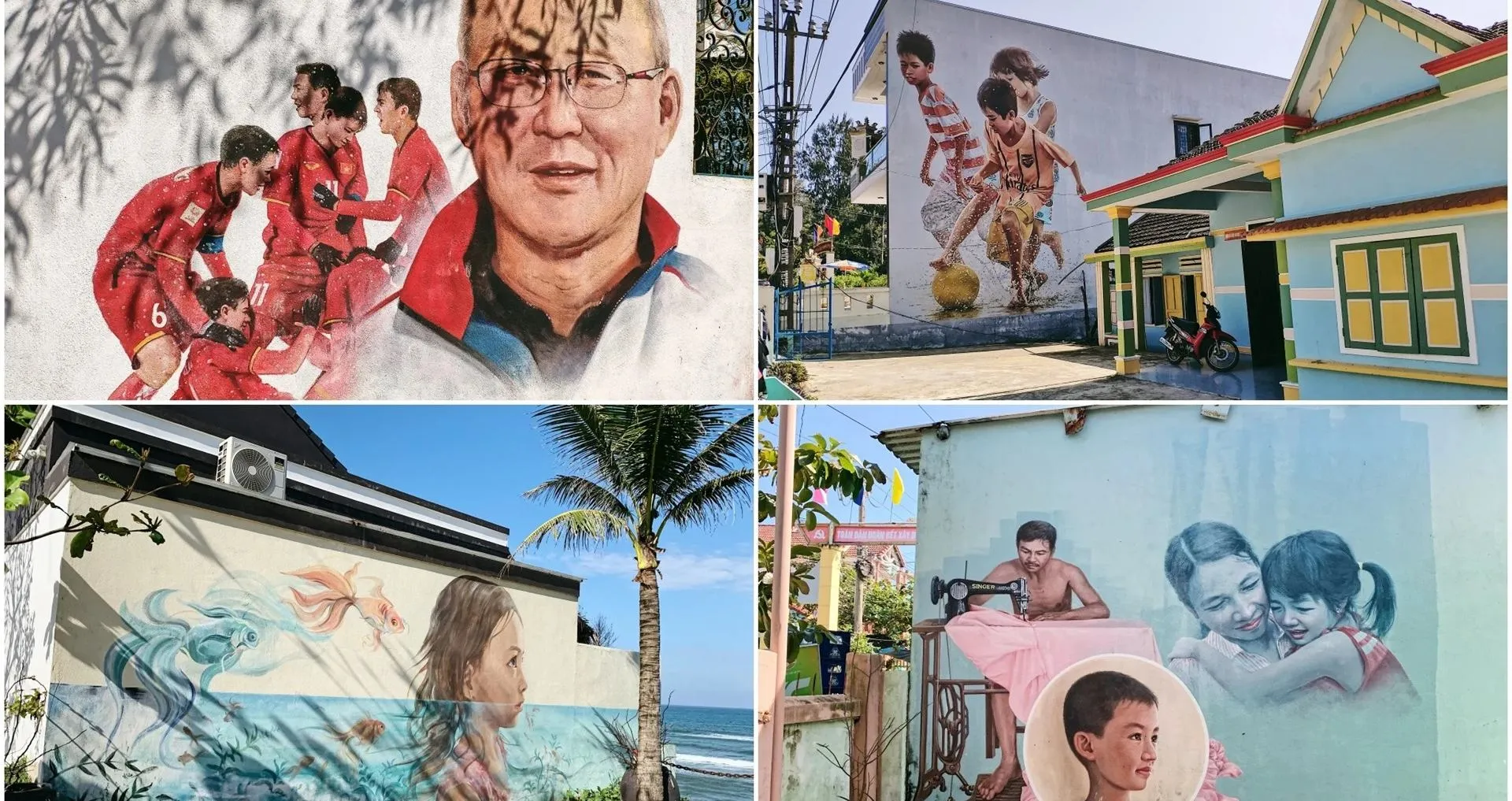 Collage of diverse painted house walls in Tam Thanh Mural Village.